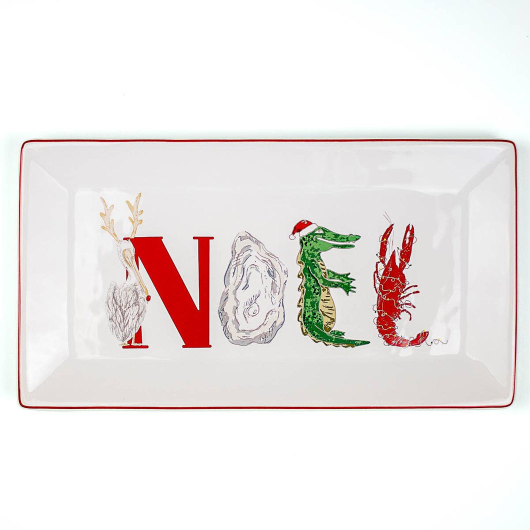 Cajun Noel Rectangle Platter   White/Green/Red   12xx6.5