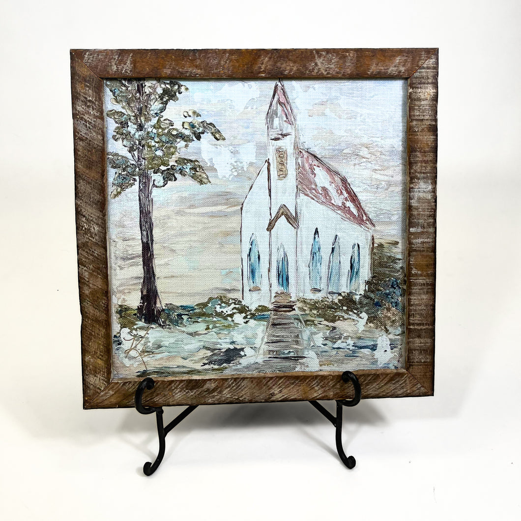 Church Painting in Handmade Frame 18x18