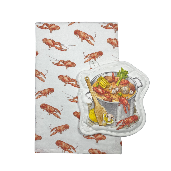 Crawfish Boil Organic Cotton Kitchen Towel and Pot Holder Set