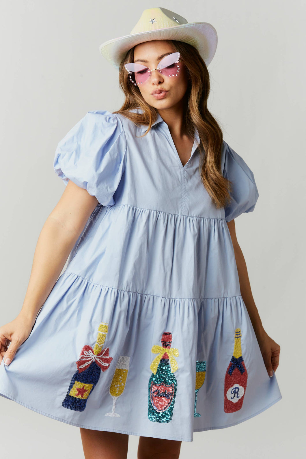 Champaign Sequin Patch Babydoll Mini Dress