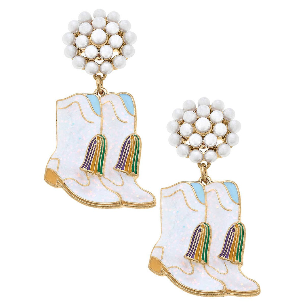 Mardi Gras Sparkly Boots Enamel Earrings in White