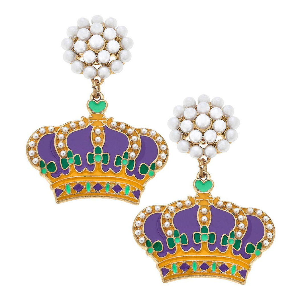 Mardi Gras Crown Enamel Earrings in Jewel Tone Multi