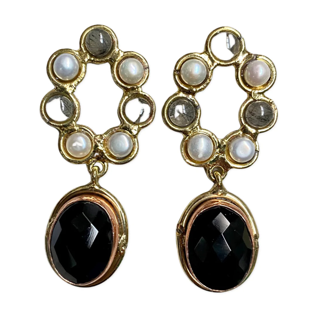 Earrings Brass & Copper w/Faceted Black Onyx
