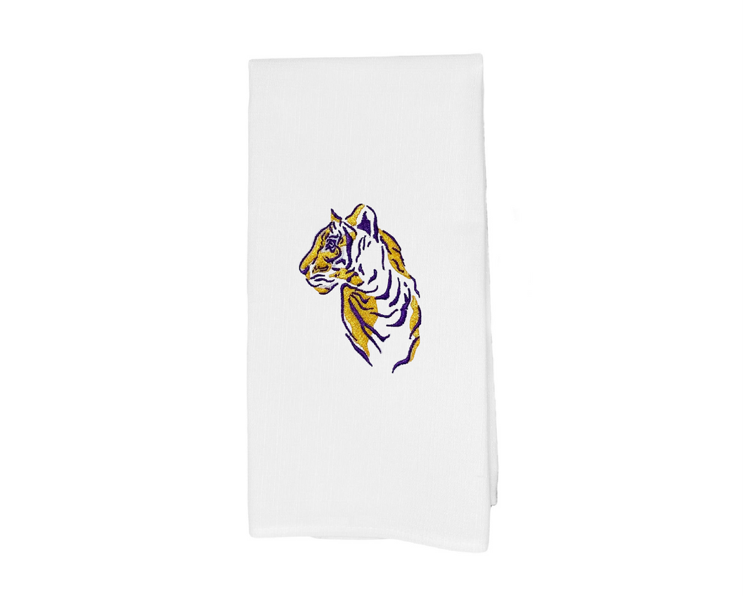 Purple and Gold Embroidered Tiger Tea Towel